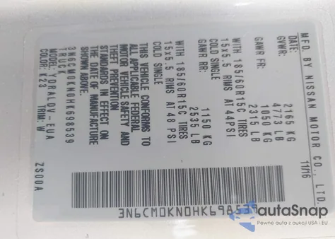 2017 Nissan Nv200 S z USA, uszkodzony, nr VIN 3N6CM0KN0HK698539